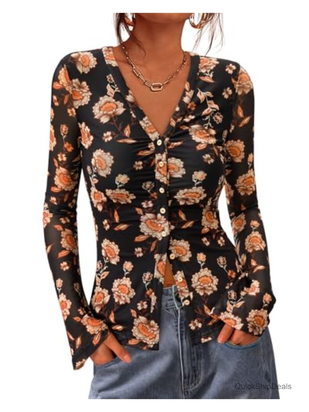 Mesh Floral Button Down Blouse V Neck Ruched Boho Top